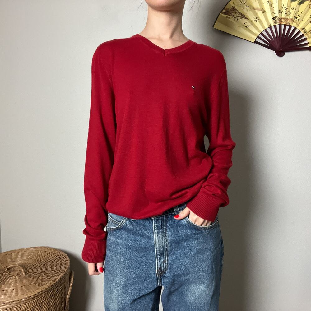 y2k tommy hilfiger red cotton oversized boyfriend v neck sweater